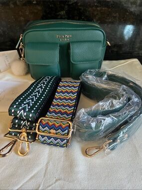Pom Pom London Madeira Green Chiswick Bag with three interchangeable straps.
